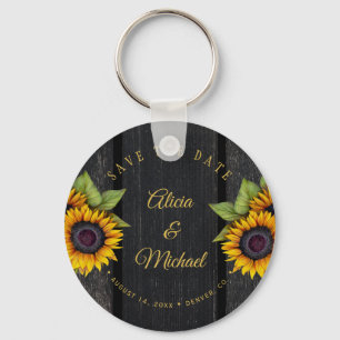 Rustic sunflowers chic barn wood wedding save date keychain