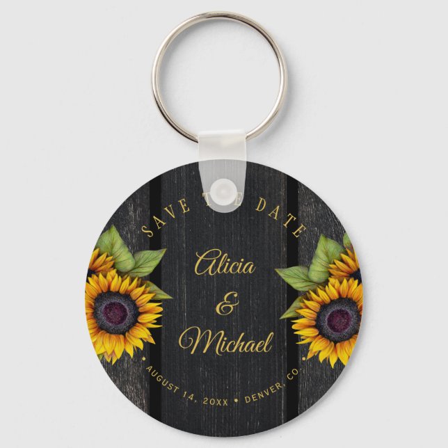 Rustic sunflowers chic barn wood wedding save date keychain (Front)