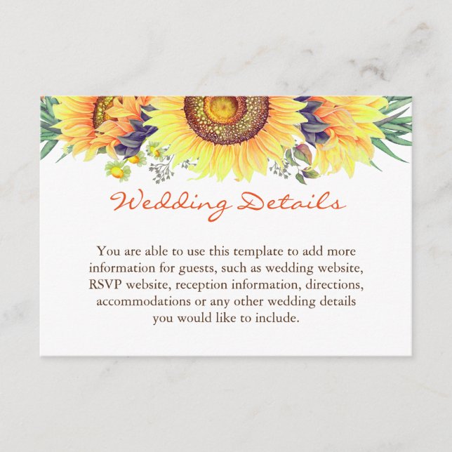 Rustic Sunflowers Chic Clean Wedding Details Info Enclosure Card (Front)