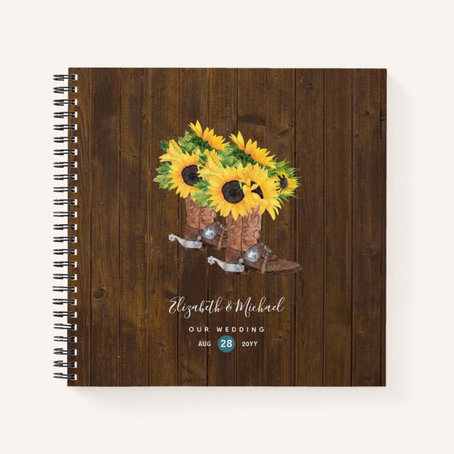 Rustic Sunflowers Country Boots Wedding Guestbook Notebook (Front)