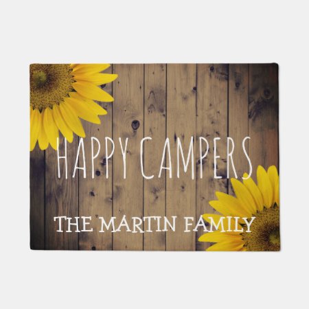 Rustic Sunflowers Country Wood Happy Campers Name Doormat