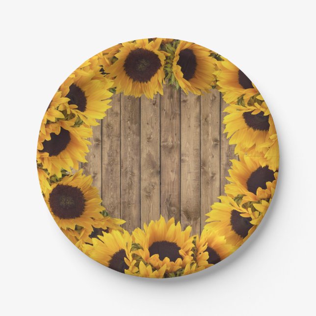 Rustic Sunflowers Country Wooden Stripes Paper Plates (Front)
