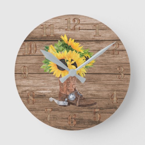 Rustic Sunflowers Cowboy Boot Wood Southern Living Round Clock