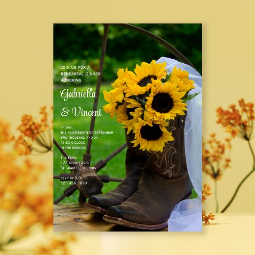 Rustic Sunflowers Cowboy Boots Rehearsal Dinner Invitation