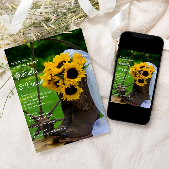 Rustic Sunflowers Cowboy Boots Western Wedding Invitation (Creator Uploaded)