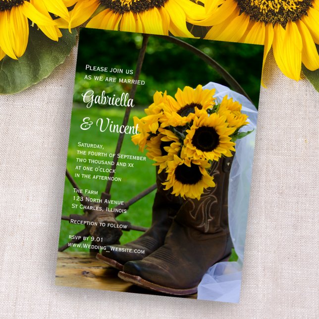 Rustic Sunflowers Cowboy Boots Western Wedding Invitation