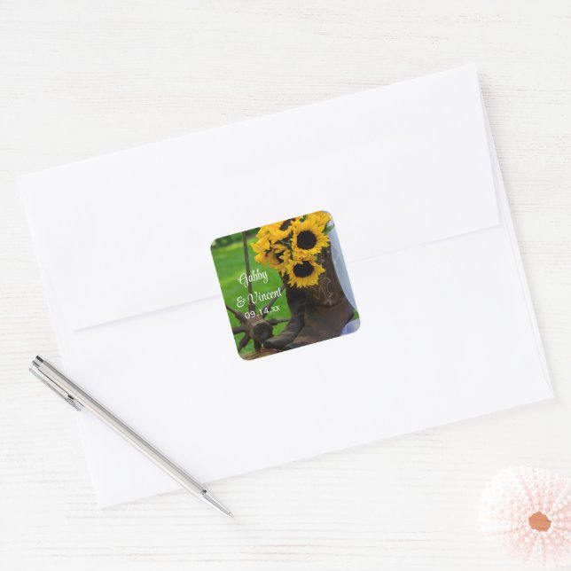 Rustic Sunflowers Cowboy Boots Western Wedding Square Sticker (Envelope)