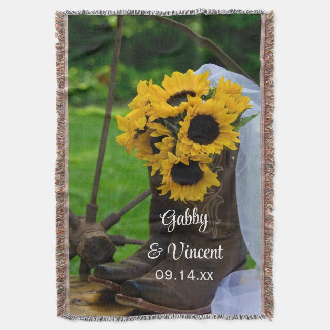 Rustic Sunflowers Cowboy Boots Western Wedding Throw Blanket (Front Vertical)