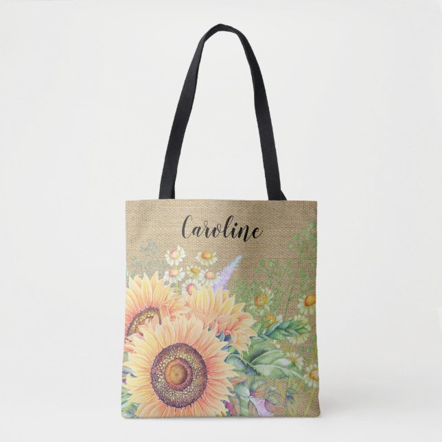 Rustic Sunflowers | Custom Name Wedding Favor Tote Bag (Front)