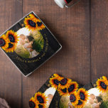 Rustic sunflowers custom photo wedding favor beverage coaster<br><div class="desc">Rustic country wedding round photo personalized favor gift with yellow gold sunflower bouquets over a dark brown barn wood with strings of twinkle lights.            Easy to customize with your text and photo!           It can be a pretty keepsake gift for a new couple.</div>