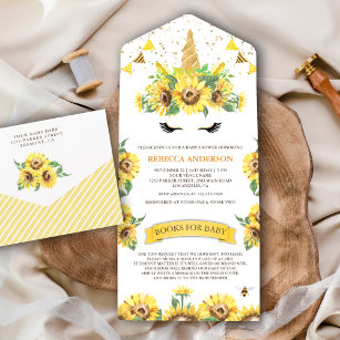 Rustic Sunflowers Cute Unicorn Baby Shower All In One Invitation