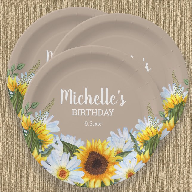 Rustic Sunflowers Daisies Birthday Party Name Date Paper Plates (Creator Uploaded)