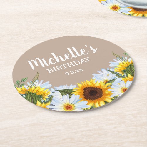 Rustic Sunflowers Daisies Birthday Party Name Date Round Paper Coaster