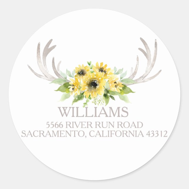 Rustic Sunflowers Deer Antlers Return Address Classic Round Sticker (Front)