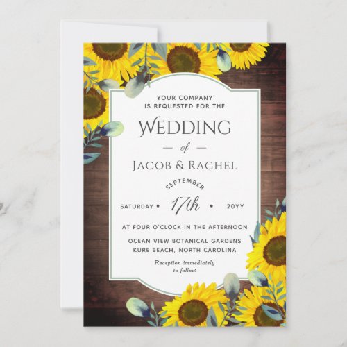 Rustic Sunflowers Elegant Frame Wedding Invitation