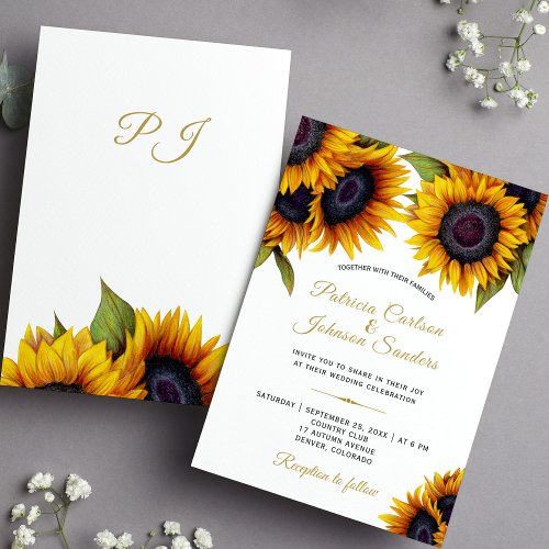Rustic sunflowers elegant gold calligraphy wedding invitation