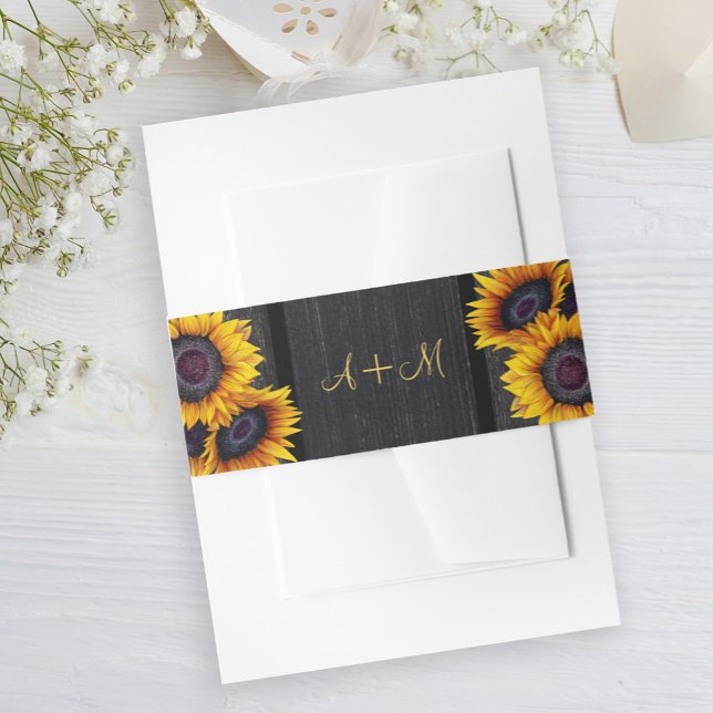 Rustic sunflowers elegant monogram wedding invitation belly band (Creator Uploaded)