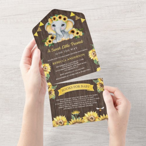 Rustic Sunflowers Elephant Barn Wood Baby Shower All In One Invitation