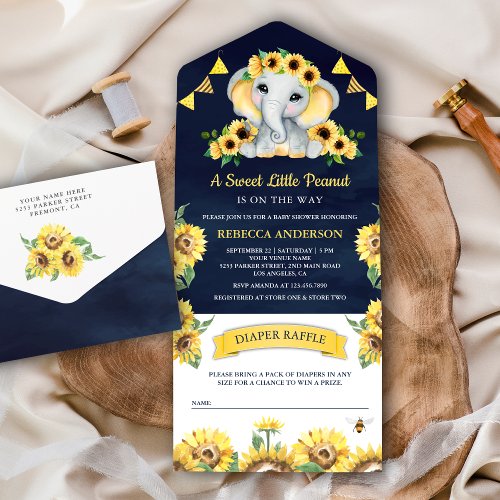 Rustic Sunflowers Elephant Navy Blue Baby Shower All In One Invitation