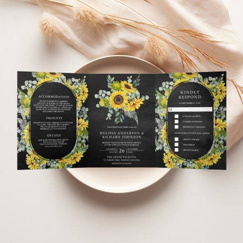 Rustic Sunflowers Eucalyptus 3 in 1 Black Wedding Tri_Fold Invitation