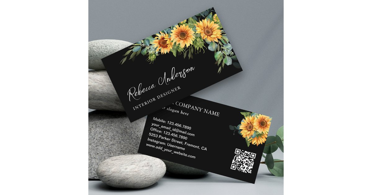 Rustic Sunflowers Eucalyptus Black QR Code Business Card | Zazzle