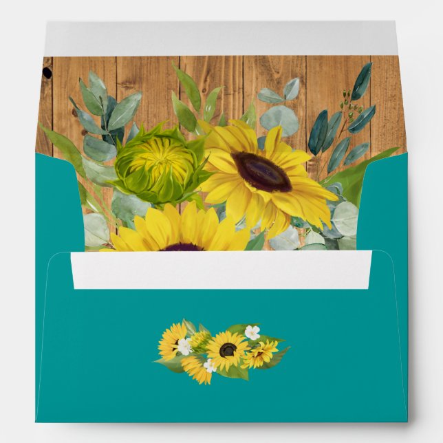 Rustic Sunflowers & Eucalyptus Blue Green Wedding Envelope (Back (Bottom))
