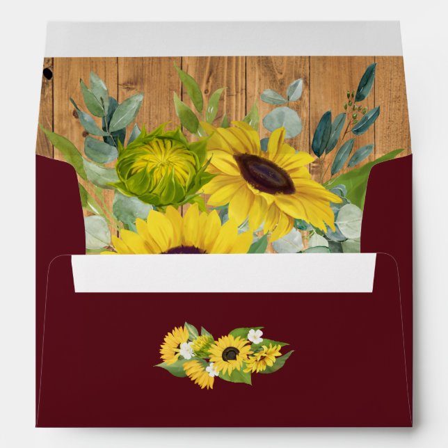 Rustic Sunflowers & Eucalyptus Burgundy Wedding Envelope (Back (Bottom))
