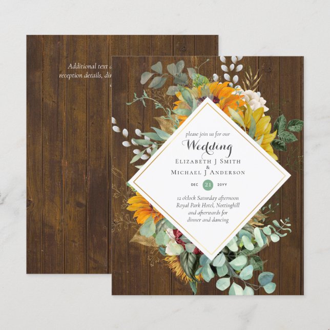 Rustic Sunflowers Eucalyptus Greenery Wedding Inv. (Front/Back)