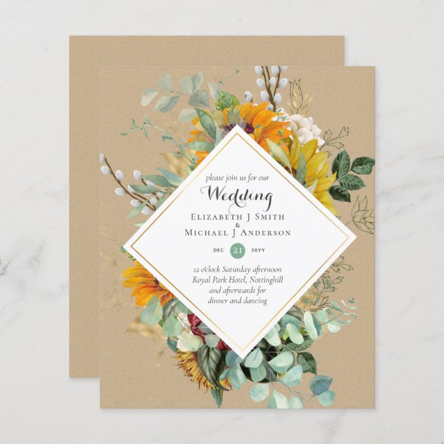 Rustic Sunflowers Eucalyptus Greenery Wedding Inv. (Front/Back)