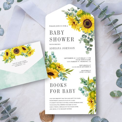Rustic Sunflowers Eucalyptus Leaves Baby Shower All In One Invitation