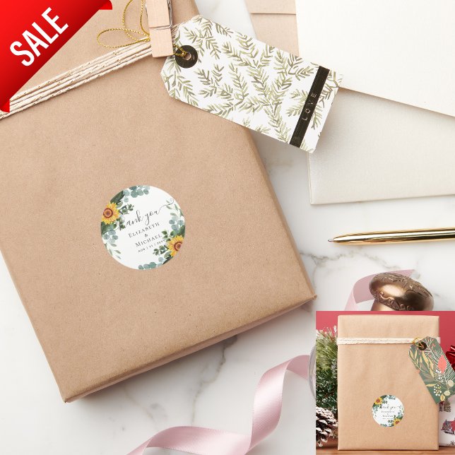 Rustic Sunflowers Eucalyptus Leaves Wedding Classic Round Sticker (Creator Uploaded)