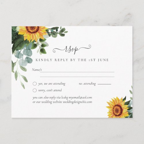 Rustic Sunflowers Eucalyptus Leaves Wedding Postcard