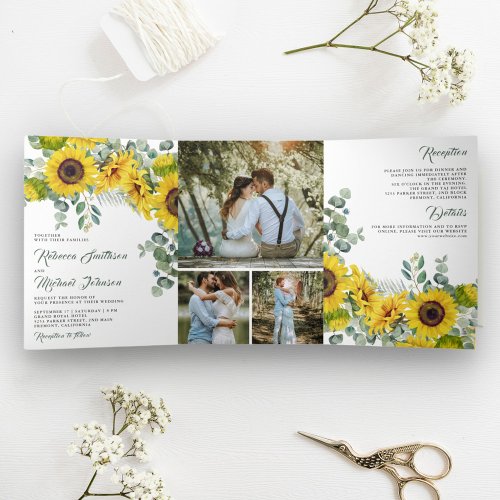 Rustic Sunflowers Eucalyptus Photo Collage Wedding Tri_Fold Invitation