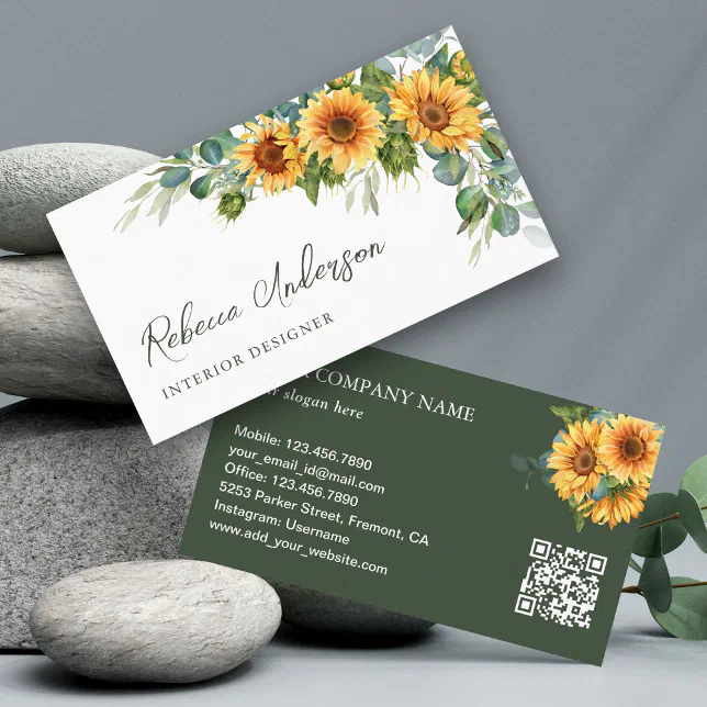 Rustic Sunflowers Eucalyptus QR Code Business Card | Zazzle