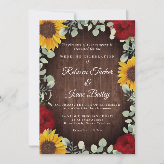 Rustic Sunflowers Eucalyptus Red Rose Wood Wedding Invitation (Front)