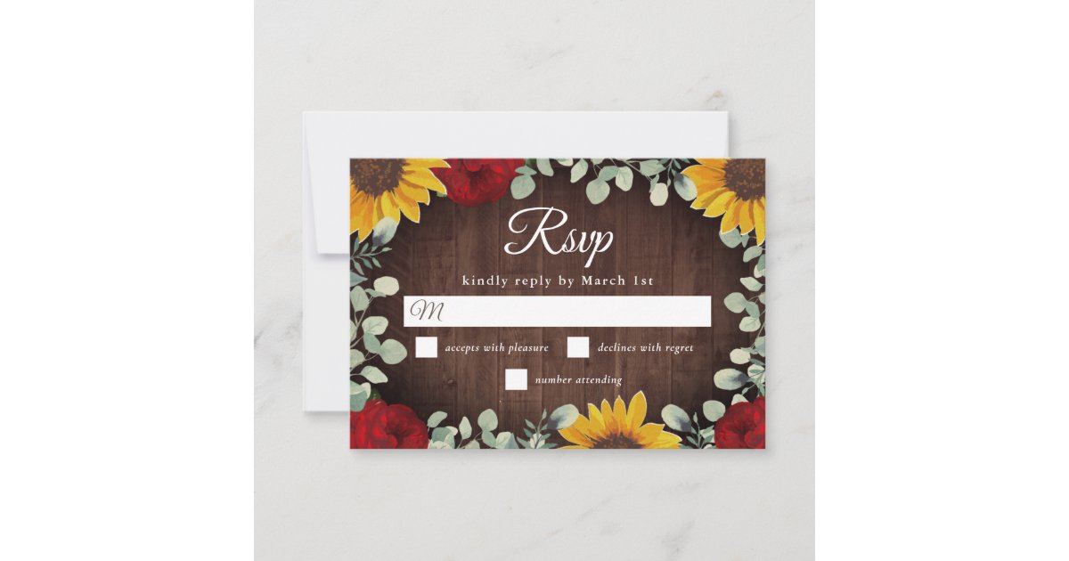 Rustic Sunflowers Eucalyptus Red Roses Wedding RSVP Card | Zazzle