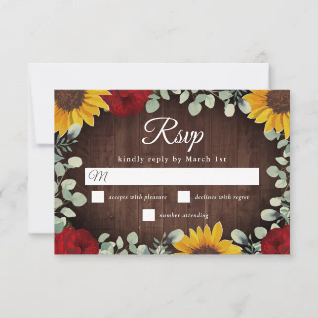 Rustic Sunflowers Eucalyptus Red Roses Wedding RSVP Card | Zazzle