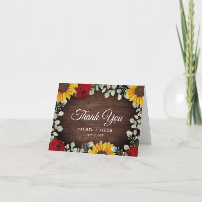 Rustic Sunflowers Eucalyptus Red Roses Wedding Thank You Card | Zazzle