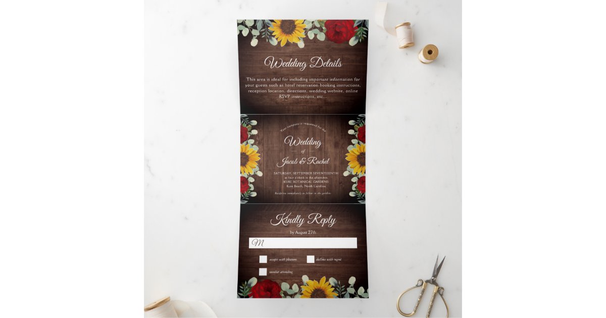 Rustic Sunflowers Eucalyptus Red Roses Wedding Tri-Fold Invitation | Zazzle