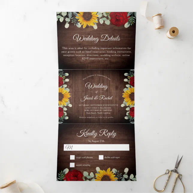 Rustic Sunflowers Eucalyptus Red Roses Wedding Tri-Fold Invitation | Zazzle
