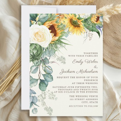 Rustic Sunflowers Eucalyptus White Roses Wedding Invitation