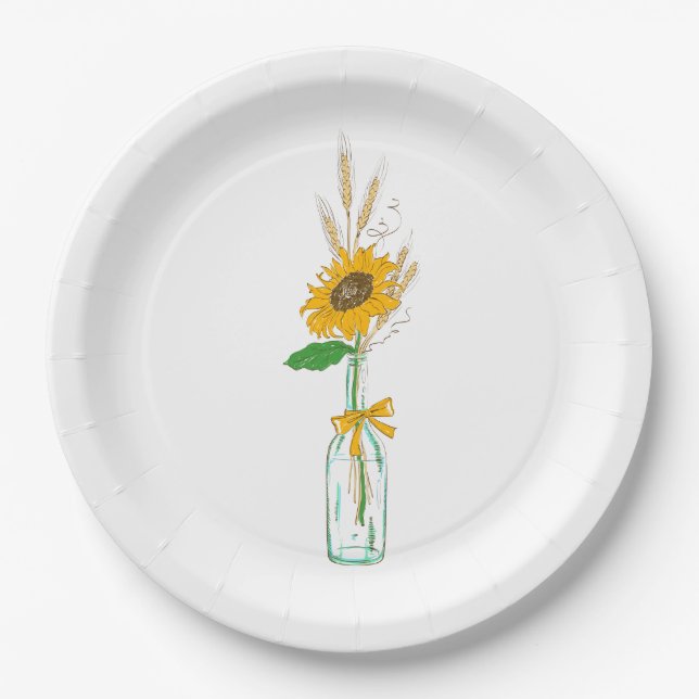 Rustic Sunflowers, Fall Country Floral Wedding Paper Plates (Front)