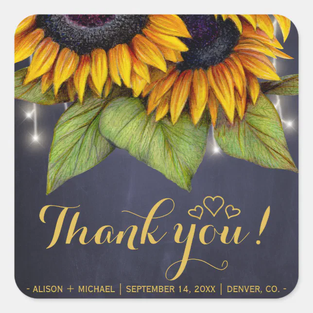 Rustic sunflowers fall favor thank you wedding square sticker | Zazzle