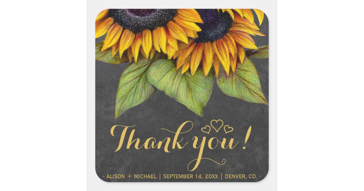 Rustic sunflowers fall favor thank you wedding square sticker | Zazzle