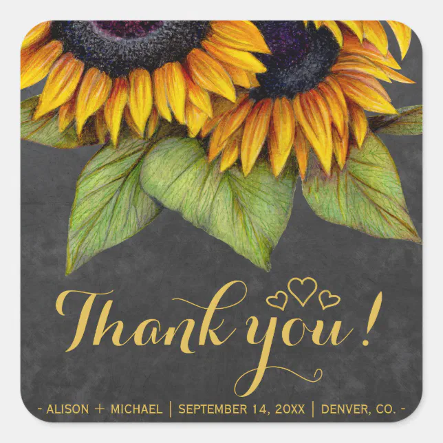 Rustic sunflowers fall favor thank you wedding square sticker | Zazzle