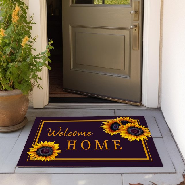 Rustic sunflowers family modern script text doormat (Creator Uploaded)