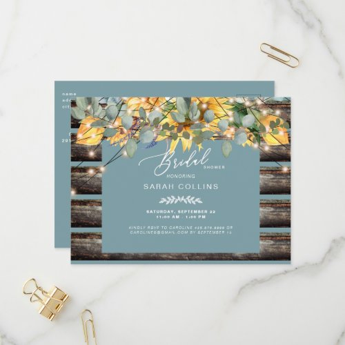 Rustic Sunflowers Fence Teal Bridal Shower Invitation Postcard