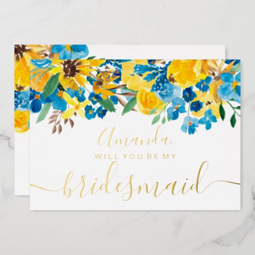 Rustic sunflowers floral blue script my bridesmaid foil invitation