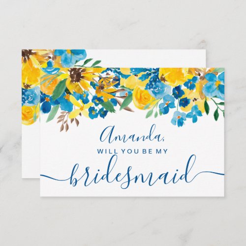 Rustic sunflowers floral blue script my bridesmaid invitation
