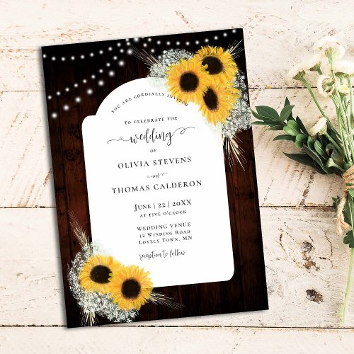 Rustic Sunflowers Floral Frame Barn Lights Wedding Invitation